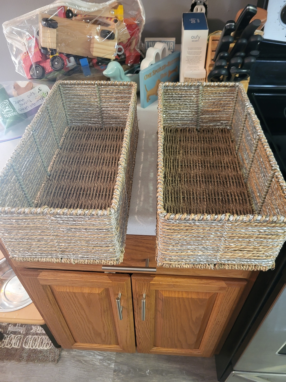 Woven Seagrass Storage Baskets - Natural Brown (Set of 2) With Shimmer Metal Rod